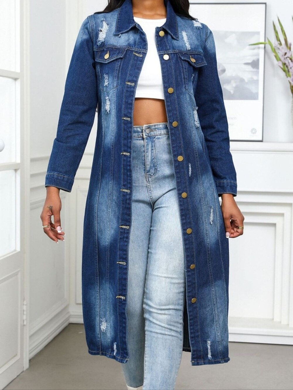 Actif Vie  Distressed Dark Wash Long Denim Dress Maxi Duster Jacket